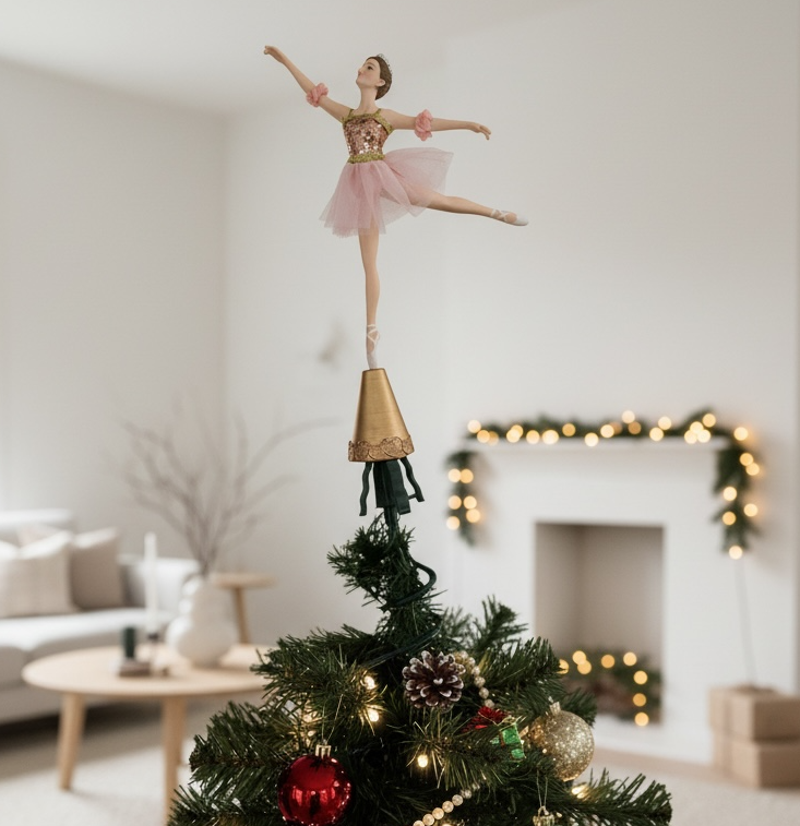 A ballet dancer Christmas tree topper figurine in a pink tutu and gold bodice, balancing on a gold bell-shaped base atop a decorated Christmas tree in a softly lit living room.